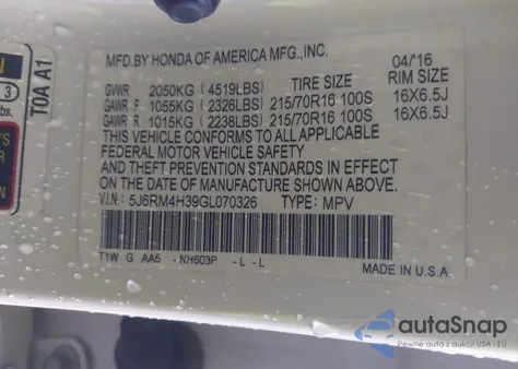 2016 Honda Cr-V Lx z USA, uszkodzony, nr VIN 5J6RM4H39GL070326